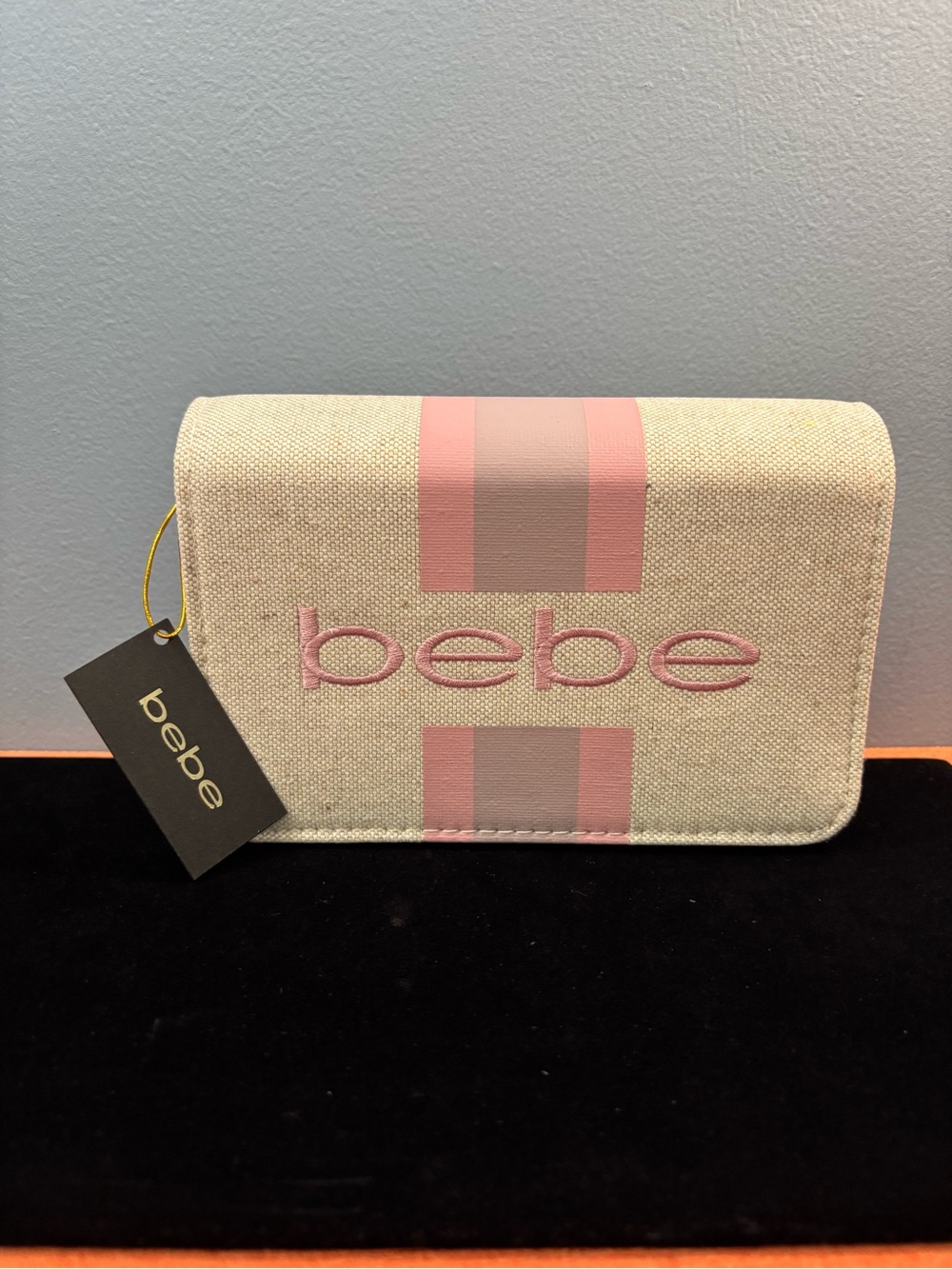 bebe Paisley Canvas Clutch/Crossbody in Beige with Pink Stripe